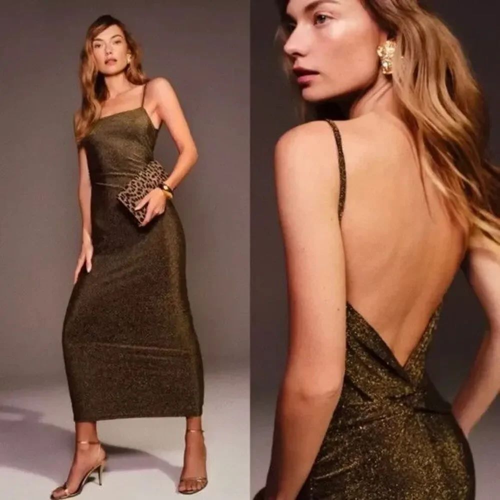 Reformation NWOT Breslin Brown Gold Sparkle Square Neck Knot Back Slip Dress M